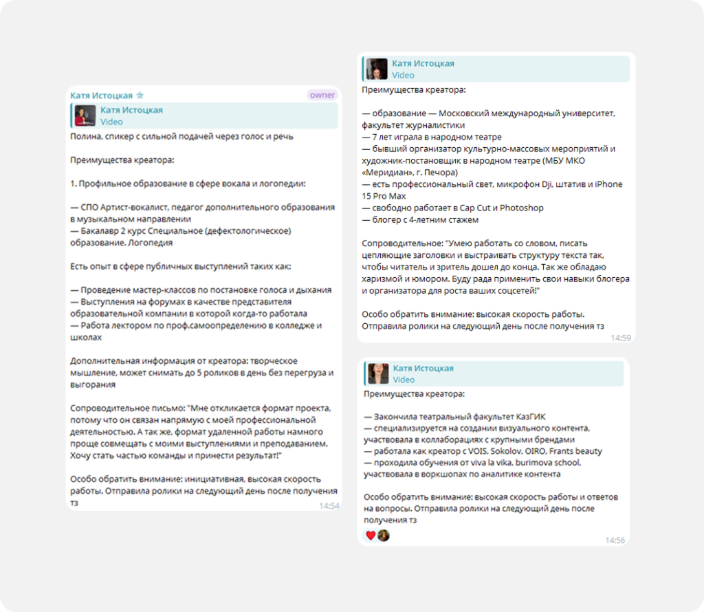 Пример как команда презентует клиенту креаторов, которые хорошо прошли тестовое задания 